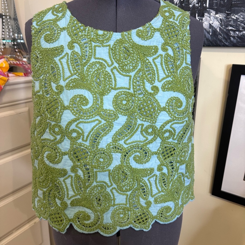 Anthropologie Green and Blue Lace Blouse